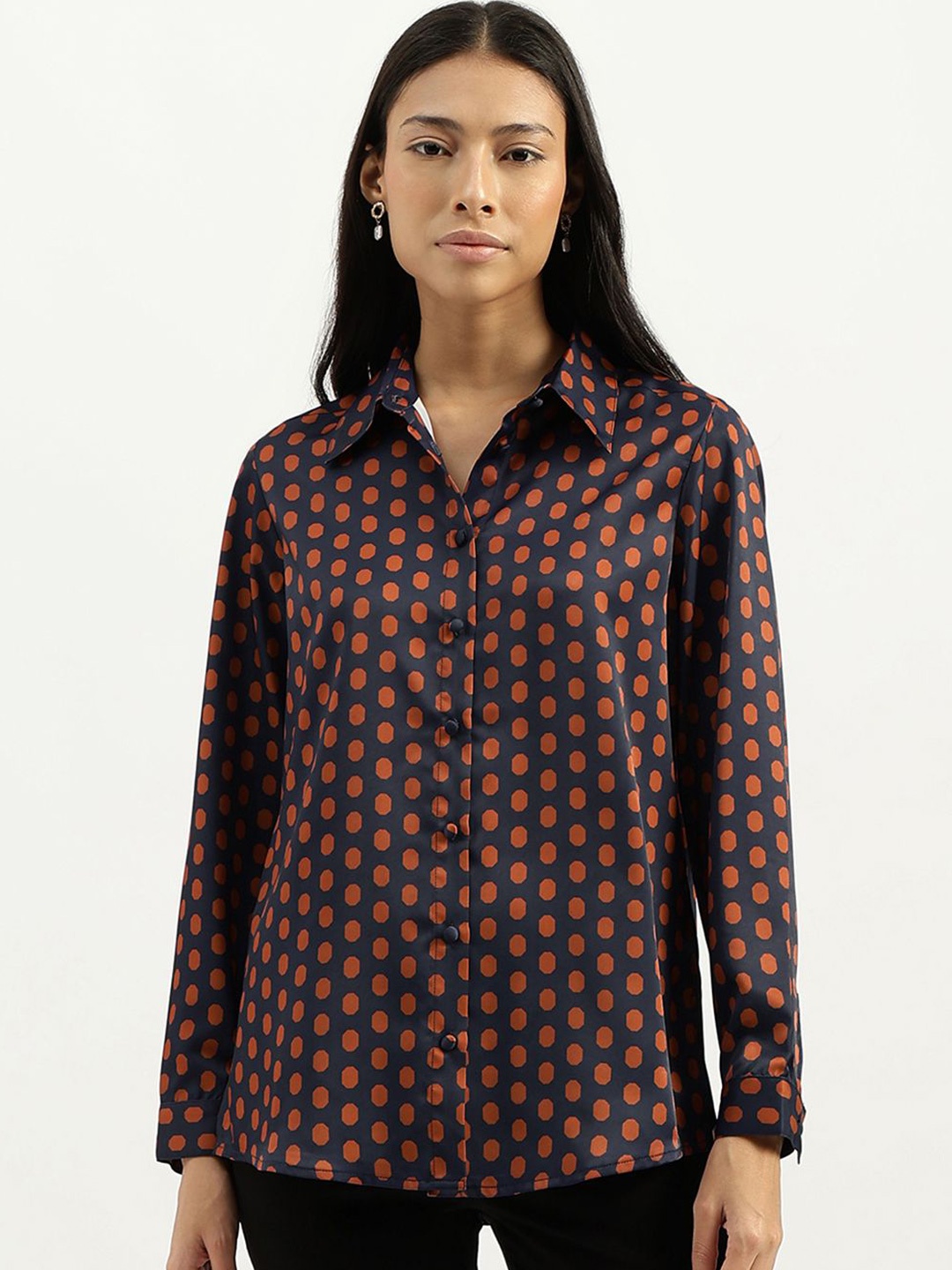 

United Colors of Benetton Women Spread Collar Geometric Printed Relaxed Fit Casual Shirt, Navy blue