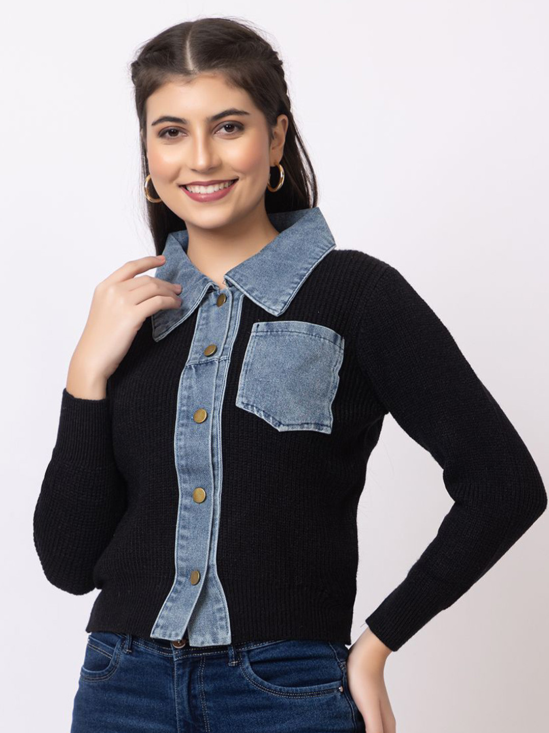 

GFO Women Solid Self Design Woollen Sweaters, Black