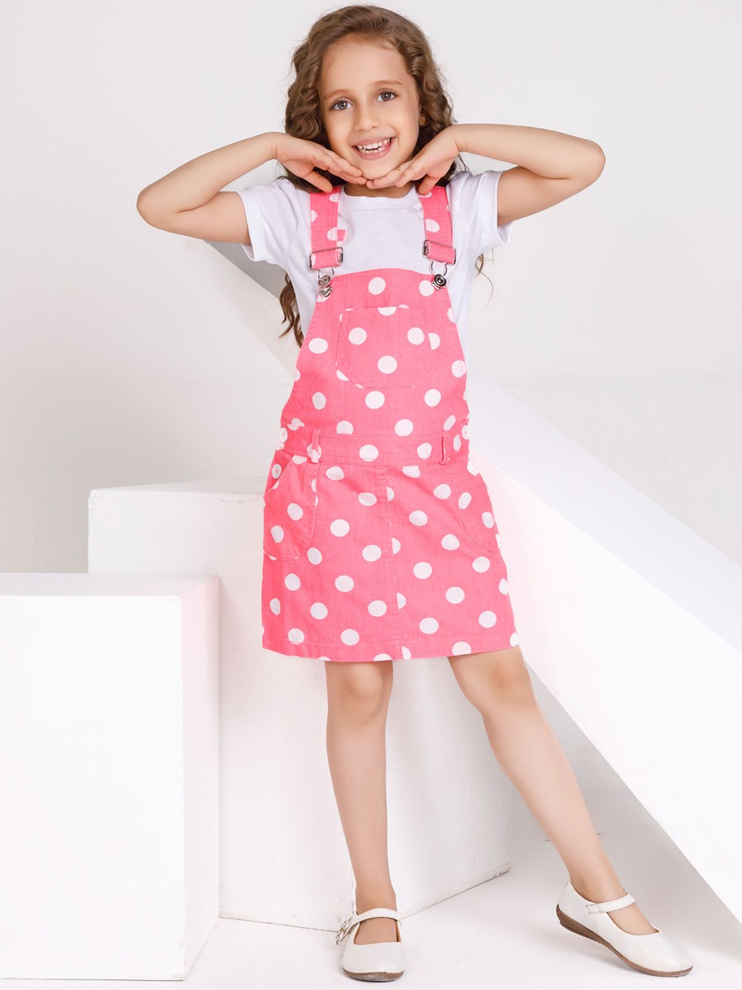 

Peppermint Girls Polka Dot Printed Dungaree With T-Shirt, Pink