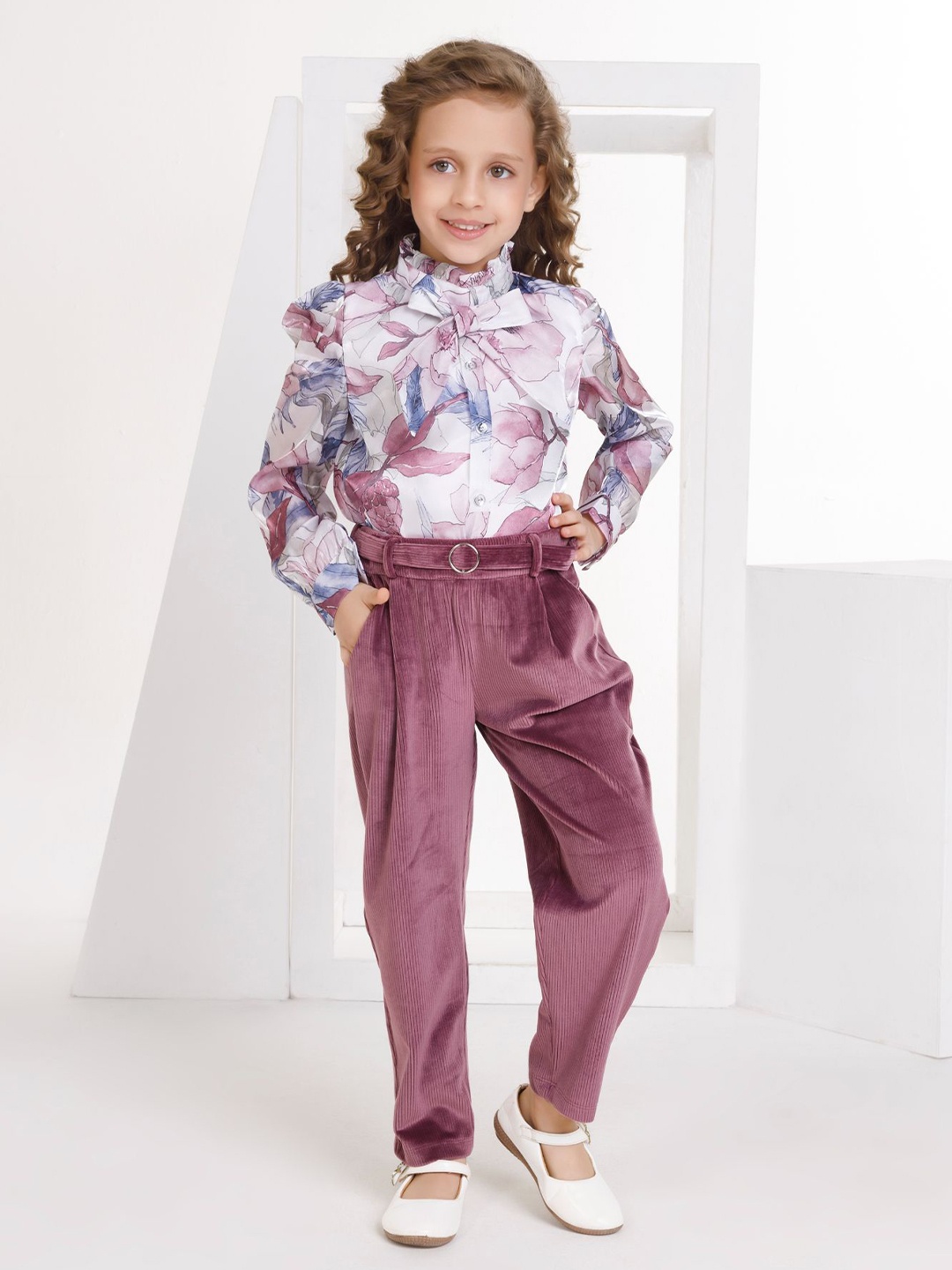 

Peppermint Girls Floral Printed Mandarin Collar Top With Trouser, Purple