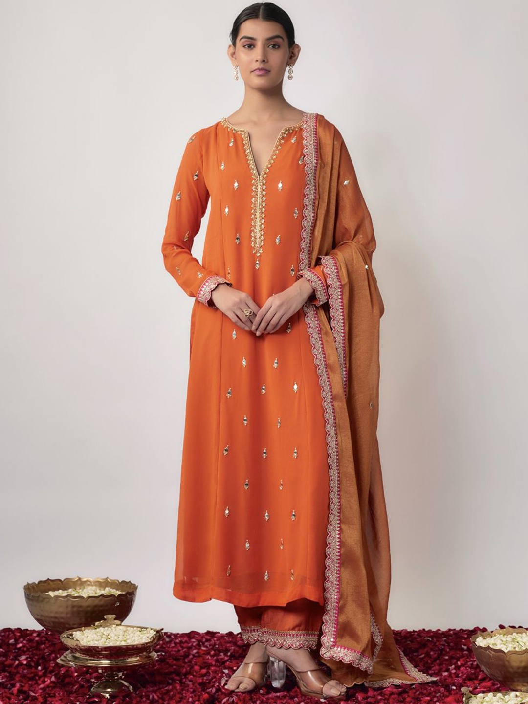

Renee Label Floral Embroidered Mirror Work Kurta with Trouser & Dupatta, Orange