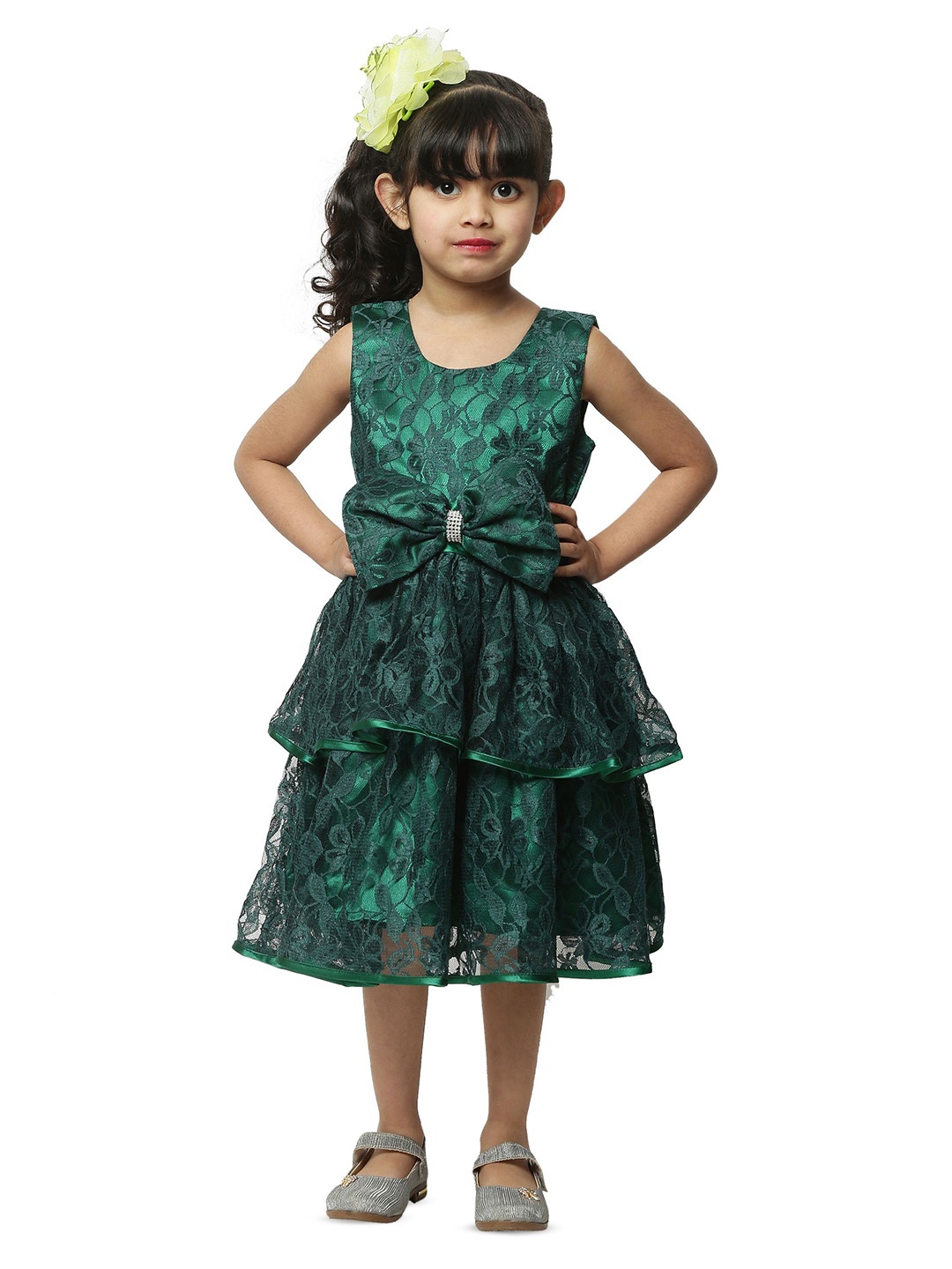 

Wish little Girls Self Design Fit and Flare Dress With Bow, Green