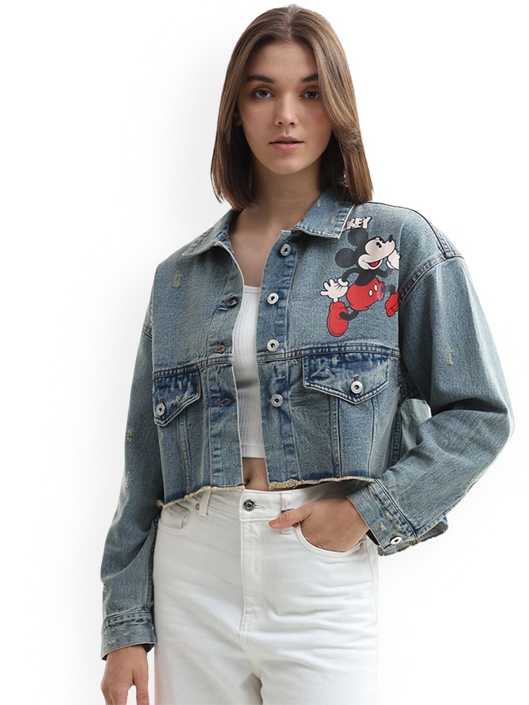 

ONLY Women Geometric Crop Denim Jacket, Blue