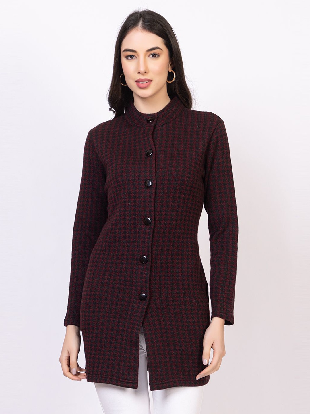 

KEIKO Women Checked Winter Longline Cardigan, Burgundy