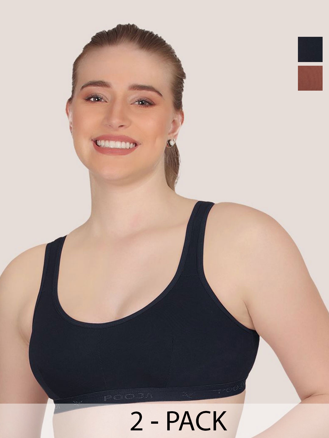 

POOJA RAGENEE Pack Of 2 Cotton Full Coverage Non Padded Workout Bra, Navy blue