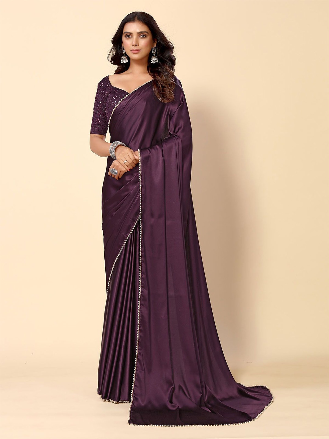 

ODETTE Satin Embellished Saree, Purple