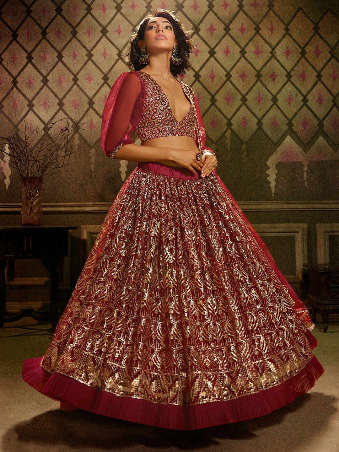 

ODETTE Embroidered Sequinned Net Semi-Stitched Lehenga & Blouse With Dupatta, Maroon