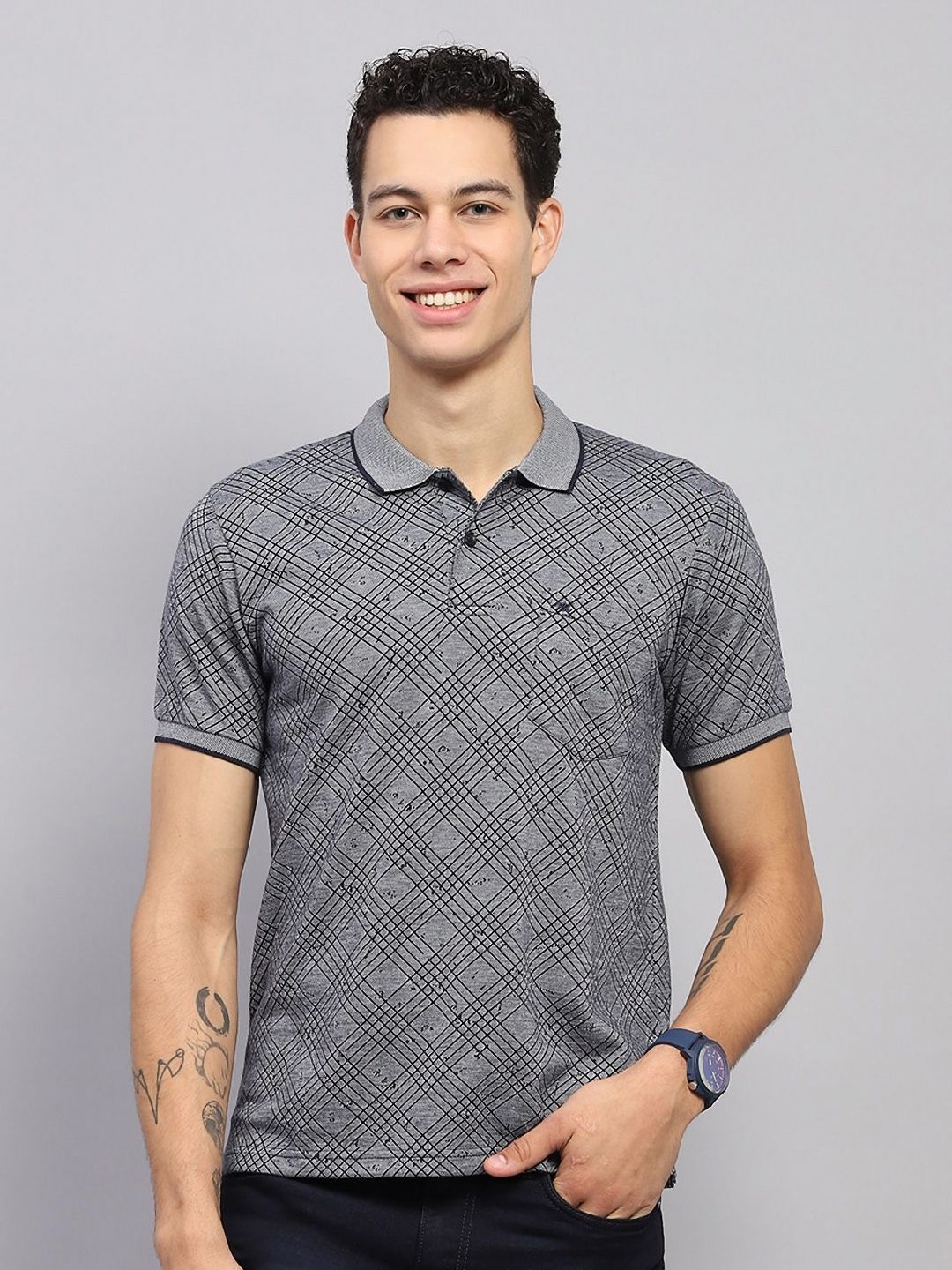 

Monte Carlo Men Abstract Printed Polo Collar Cotton T-shirt, Grey