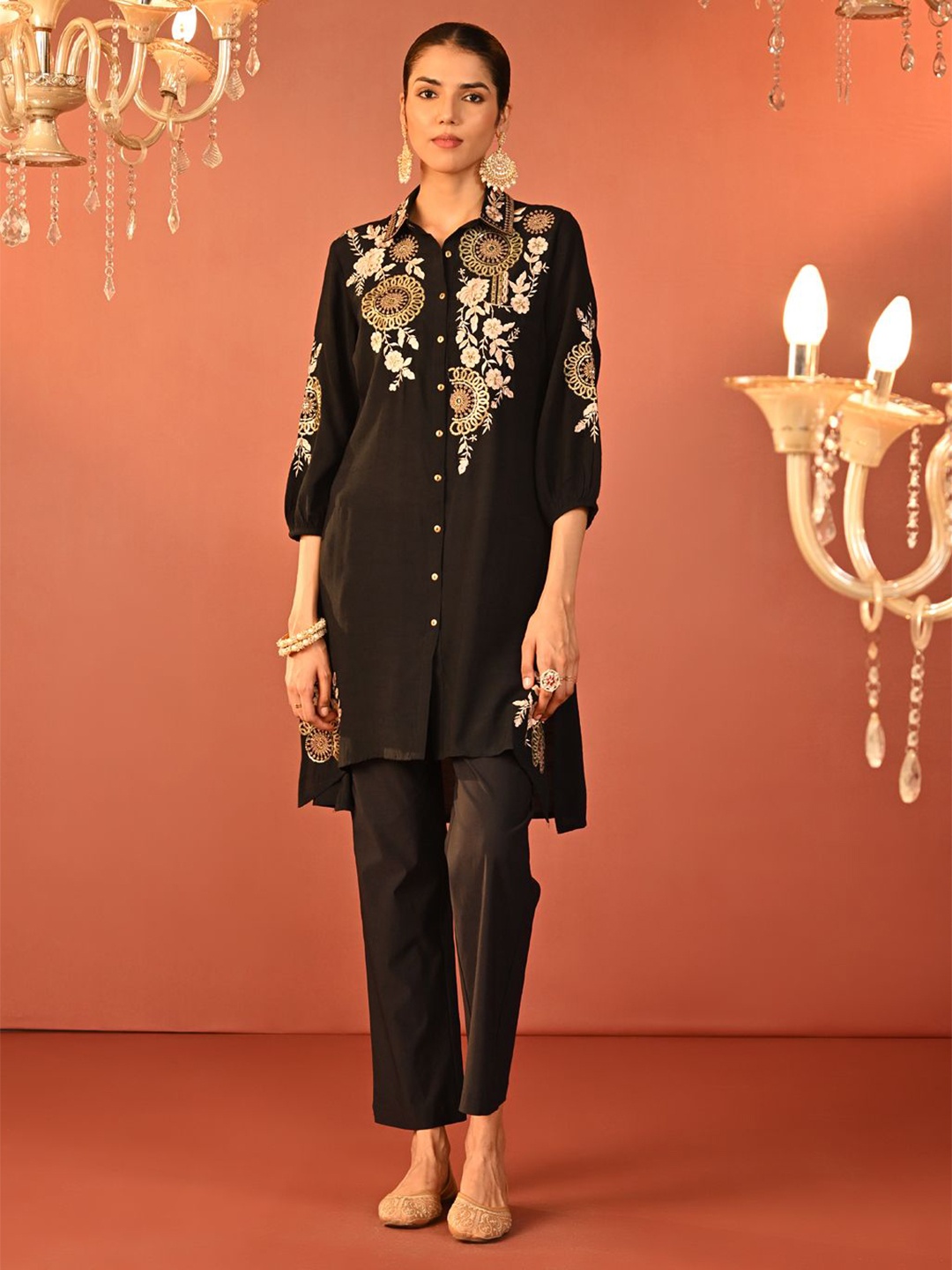 

Lakshita Women Shirt Collar Embroidered Tunic, Black