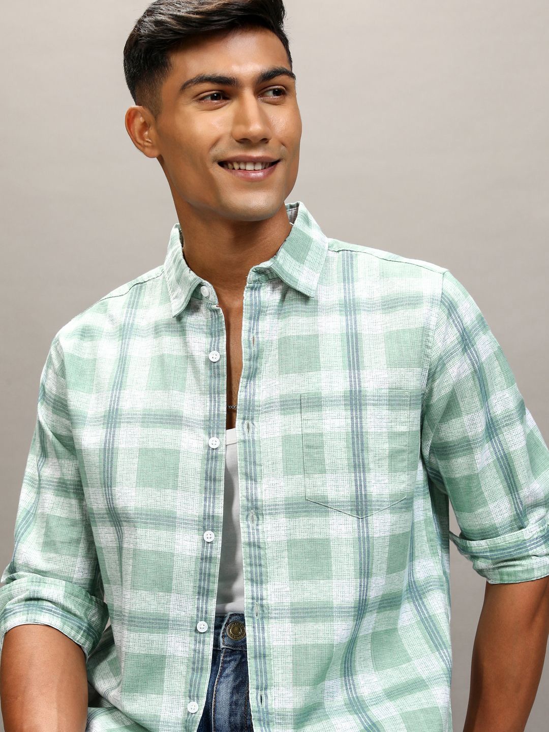 

Highlander Men Cotton Linen Printed Checked Casual Shirt, Green