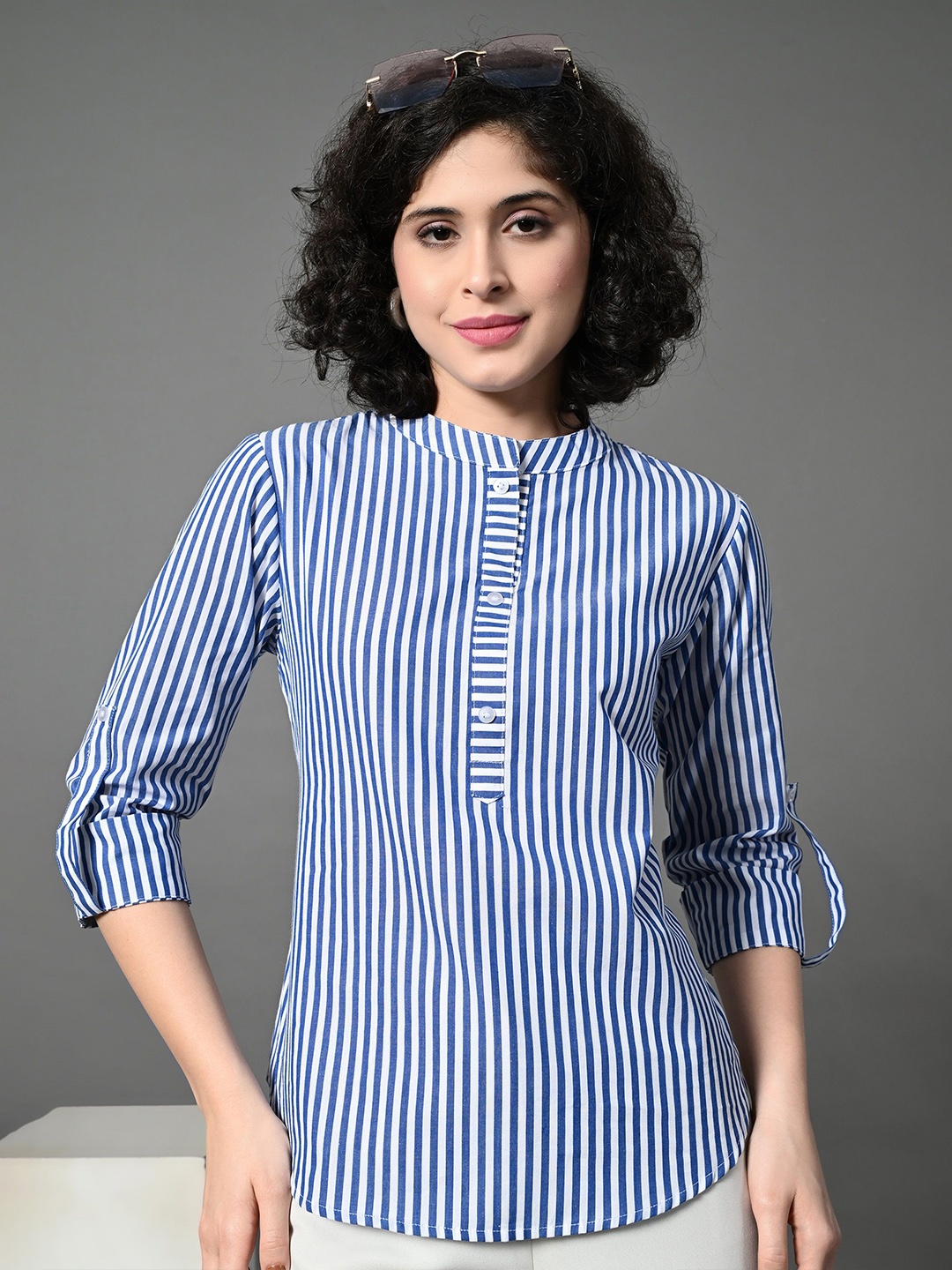 

HERE&NOW Women Striped Mandarin Collar Roll-Up Sleeves Cotton Top, Navy blue