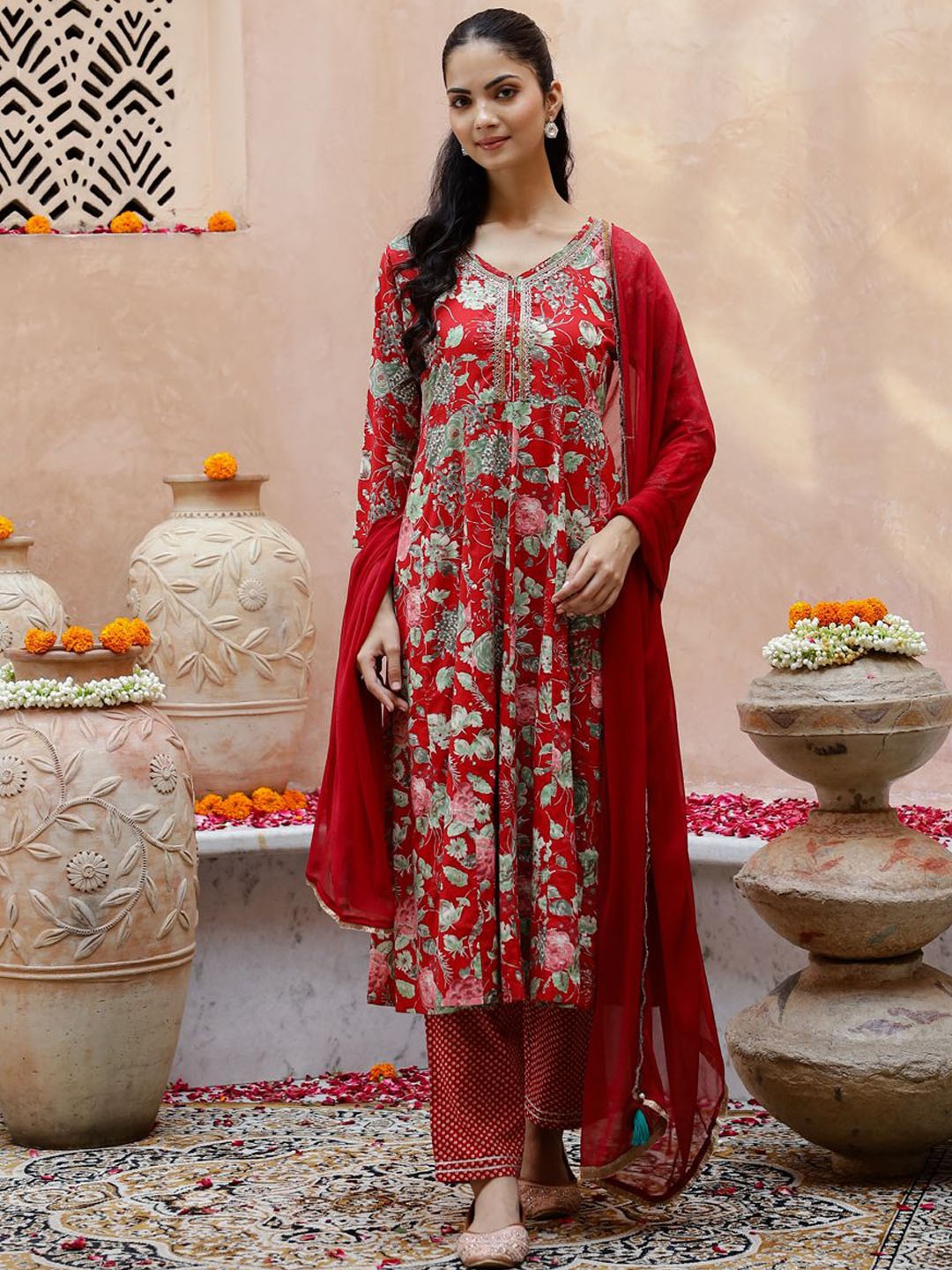 

Sangria Floral Printed Beads & Stones Anarkali Kurta & Trouser With Dupatta, Red