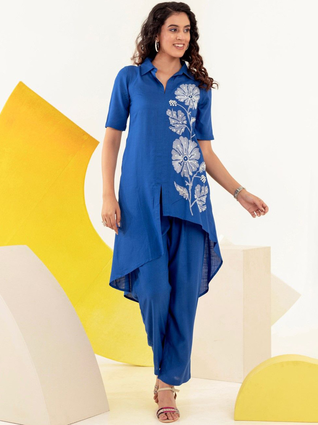 

AUTUMN LANE Embroidered Pure Cotton Tunic With Trouser, Blue