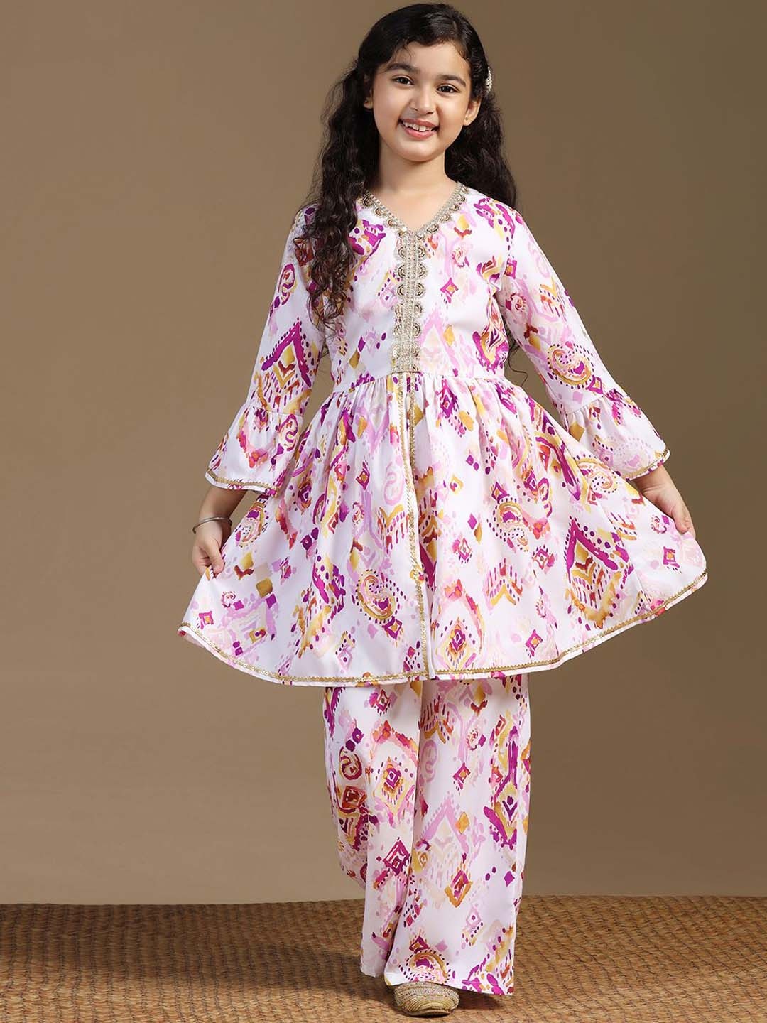 

FASHION DREAM Girls Ethnic Motifs Printed Sequinned A-Line Kurta With Trousers, White