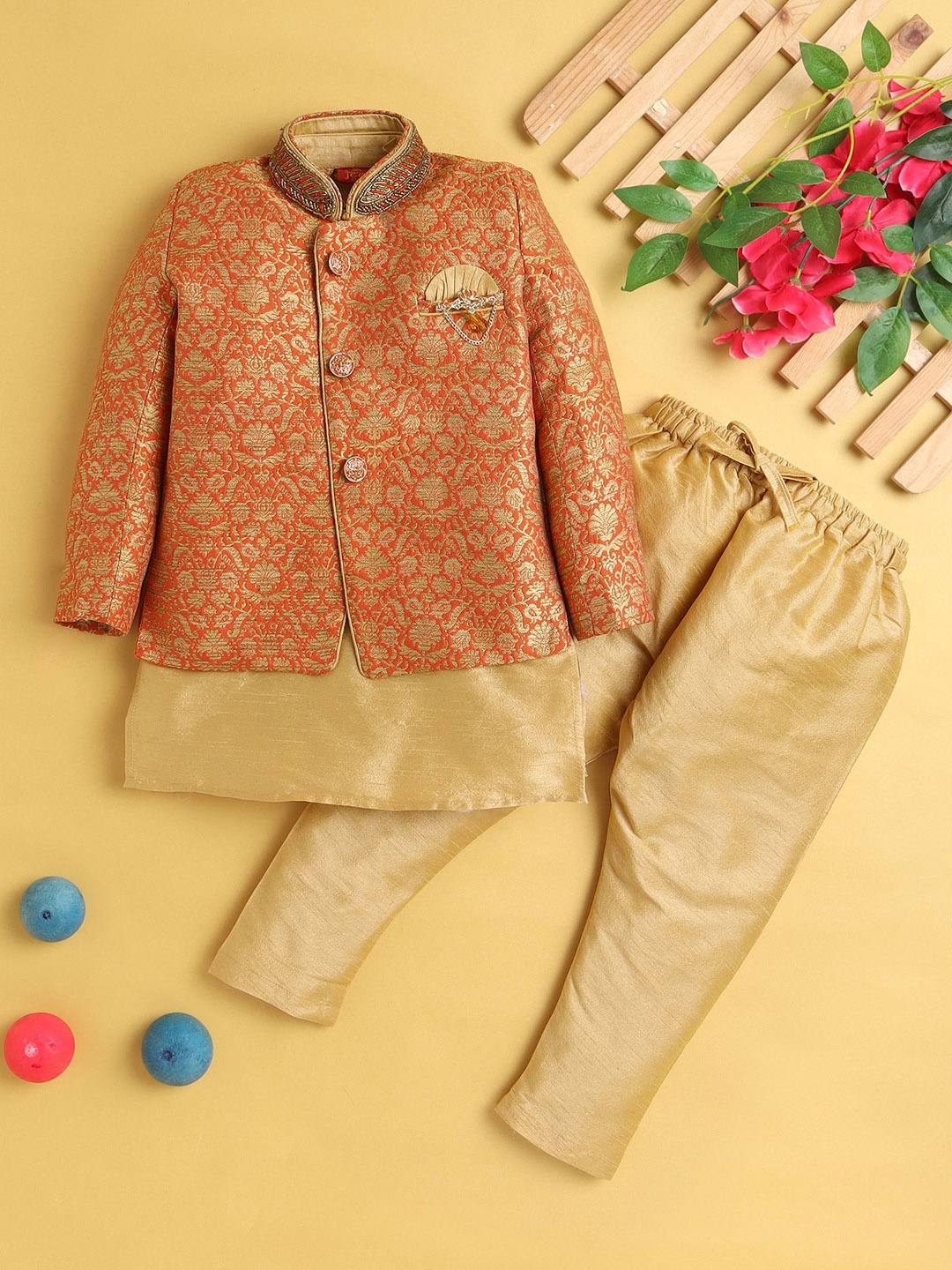 

Jeetethnics Boys Mandarin Collar Silk Cotton Kurta with Pyjama & Jacket, Orange