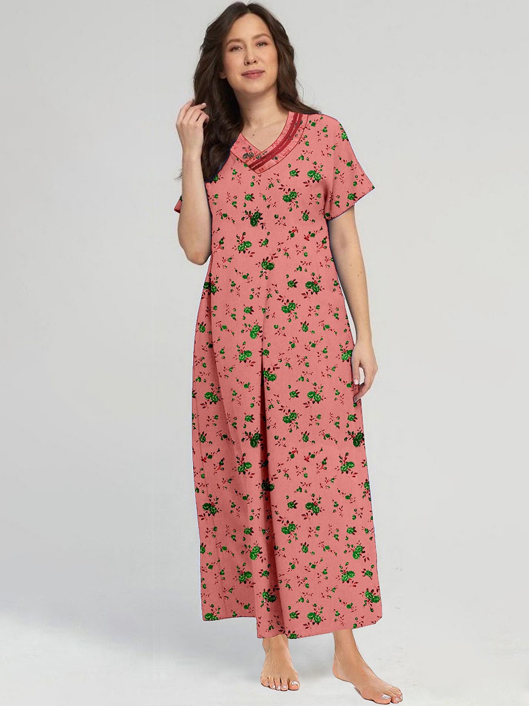 

CAMISON Women Pure Cotton Floral Printed Maxi Nightdress, Pink