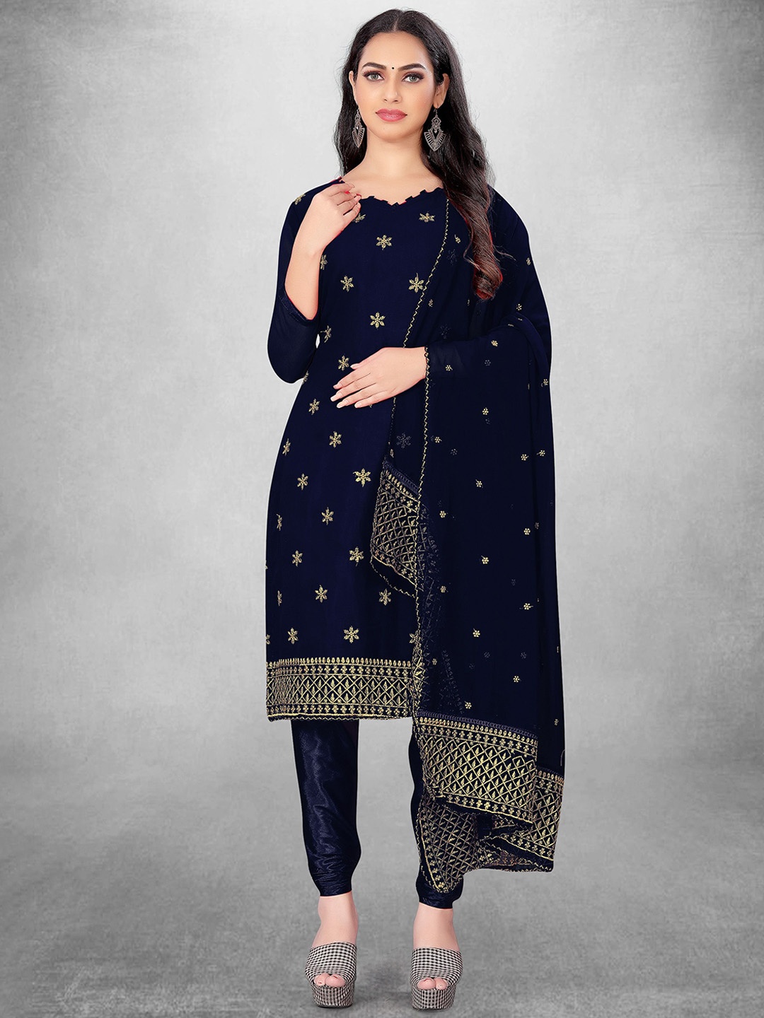 

Maroosh Floral Embroidered Unstitched Dress Material, Navy blue