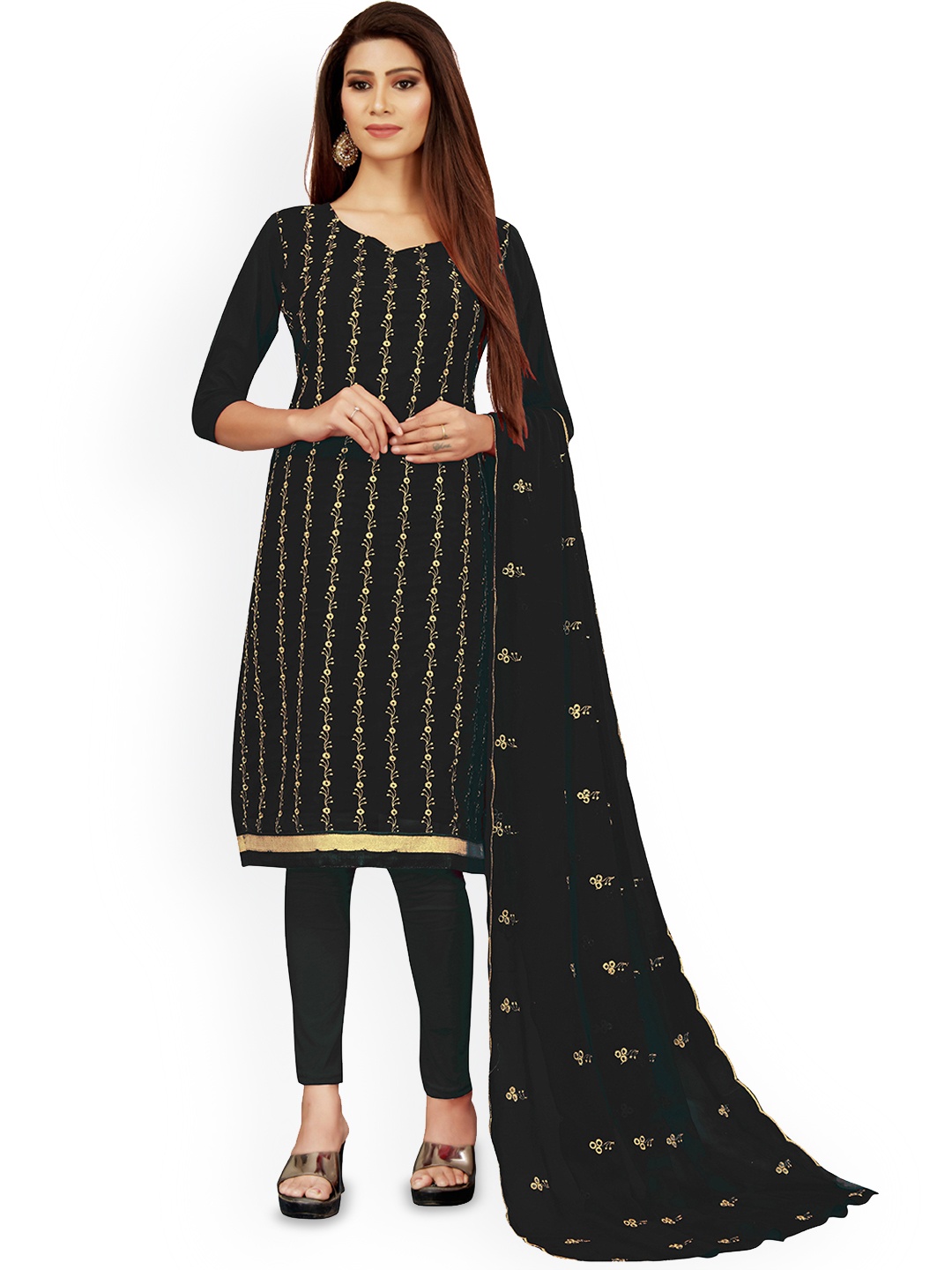 

Maroosh Floral Embroidered Georgette Unstitched Dress Material, Black
