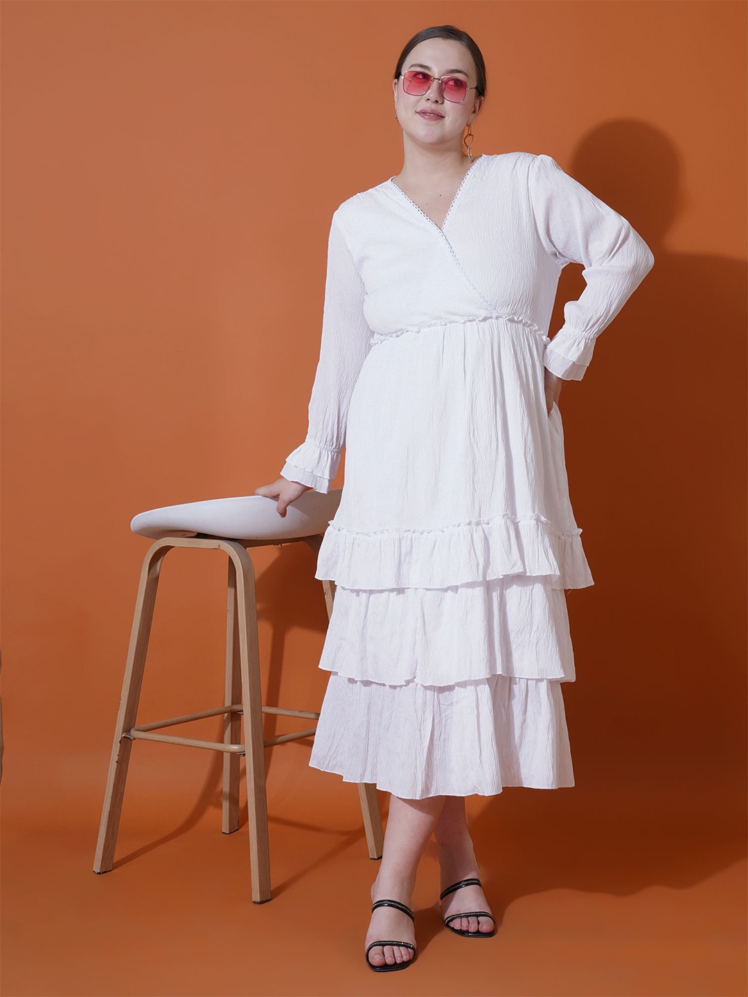 

U&F Beyond Bell Sleeve Ruffled Crepe Fit & Flare Midi Dress, White