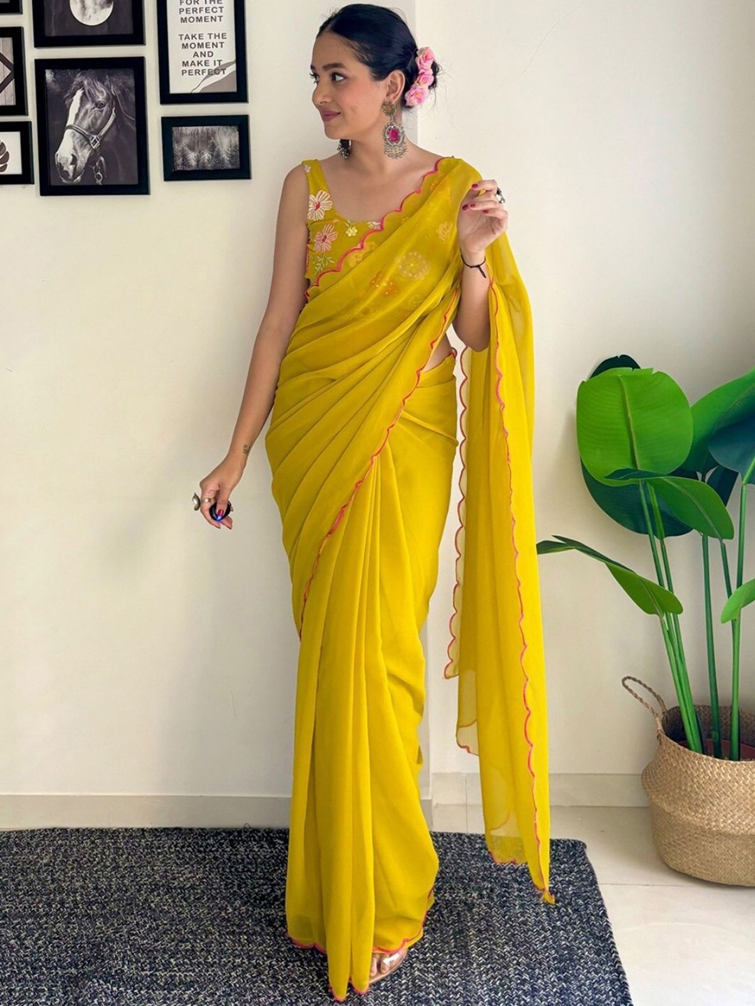 

ODETTE Solid Saree With Unstitched Blouse, Yellow