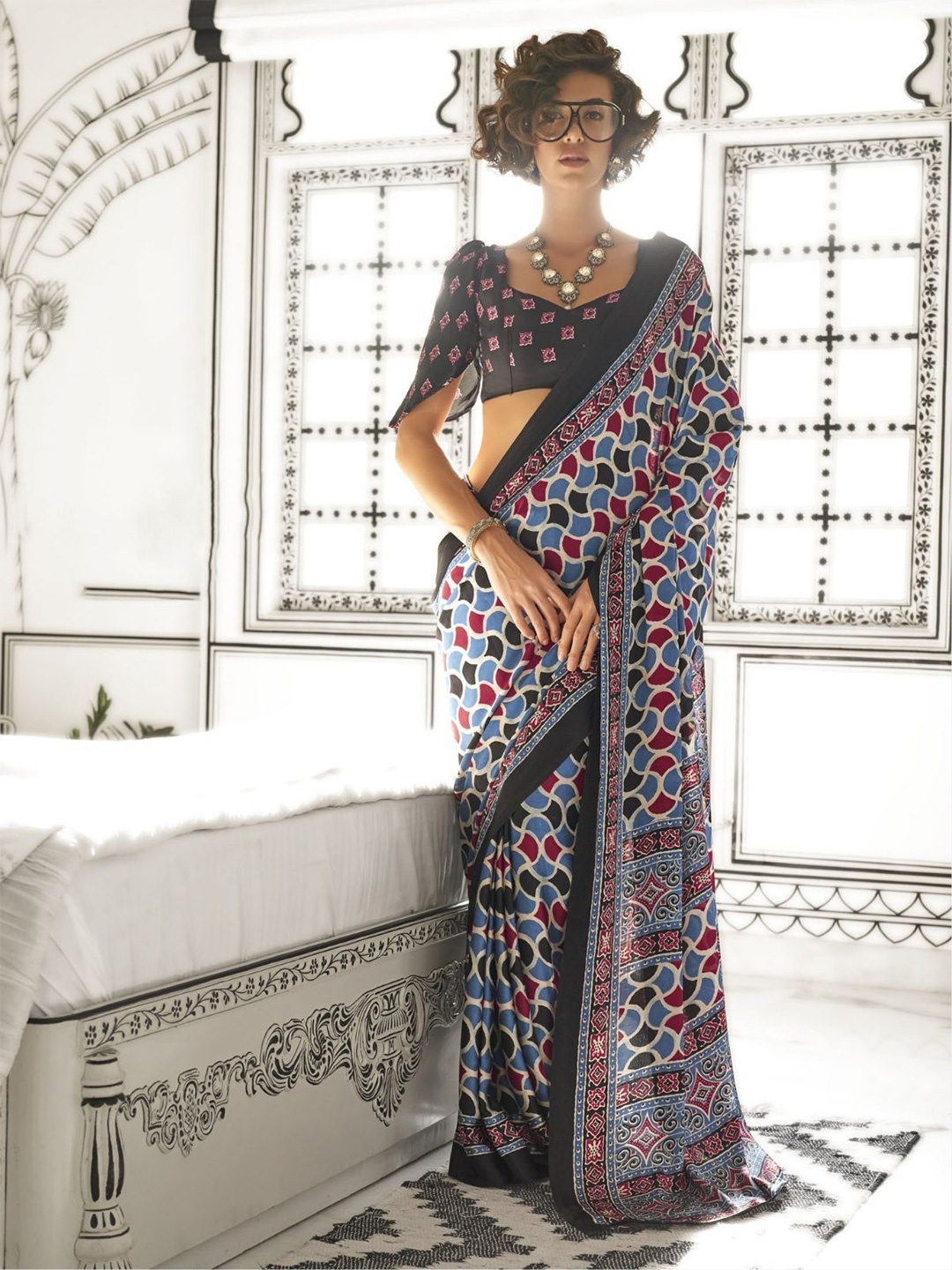 

ODETTE Ethnic Motifs Printed Satin Saree, Blue