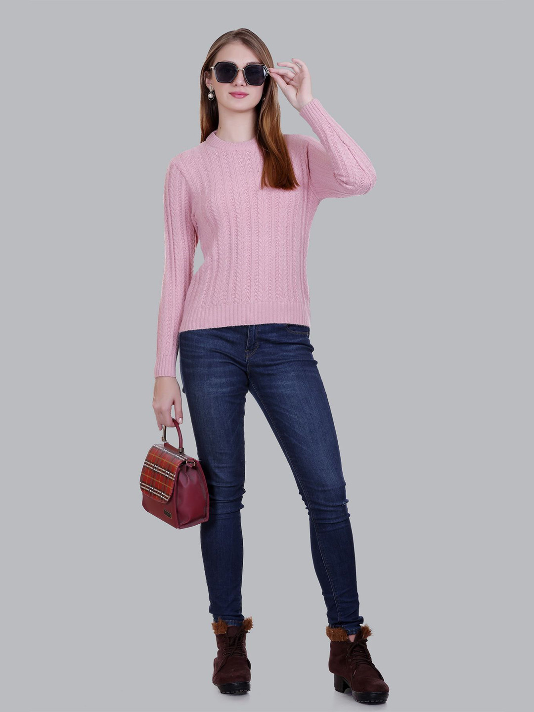 

SOSHAGUN OSWAL Women Cable Knit Woollen Cardigan, Pink