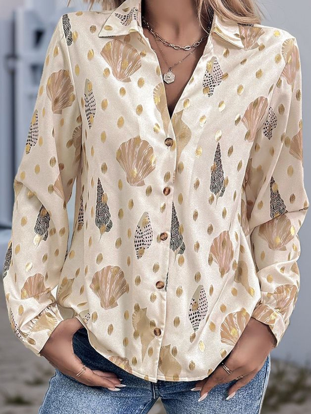 

LULU & SKY Women Spread Collar Abstract Printed Casual Shirt, Beige