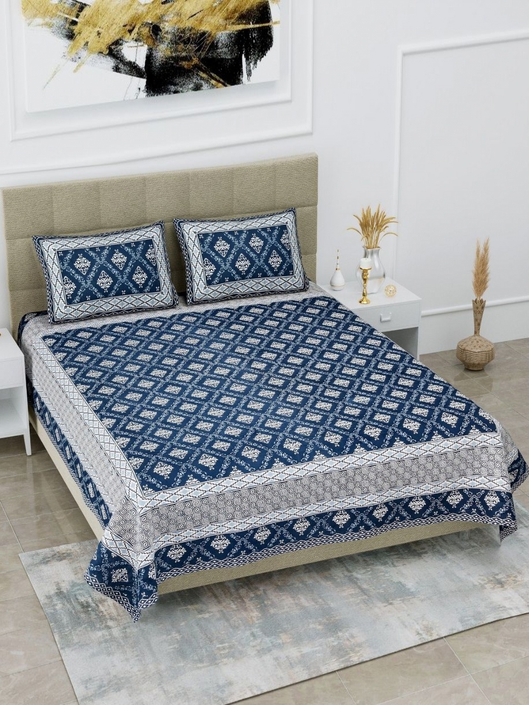 

HOMELINE Blue & White Ethnic Motifs Printed Cotton 180 TC King Bedsheet Set 2.74 x 2.54m