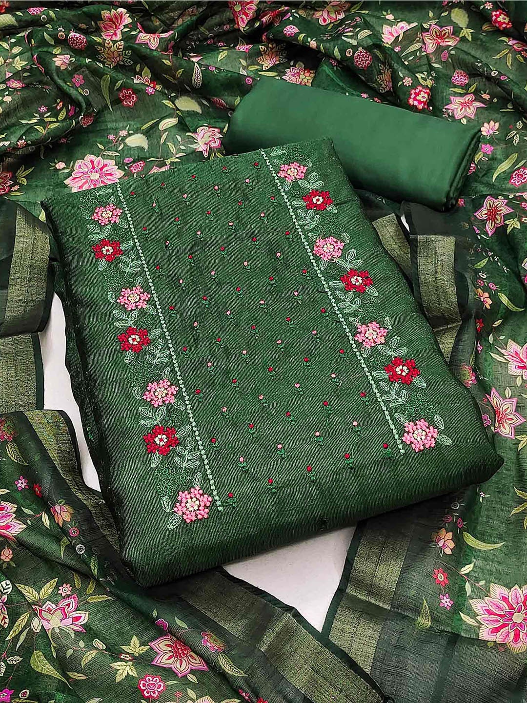 

Peachmode Embroidered Sequinned Unstitched Dress Material, Green