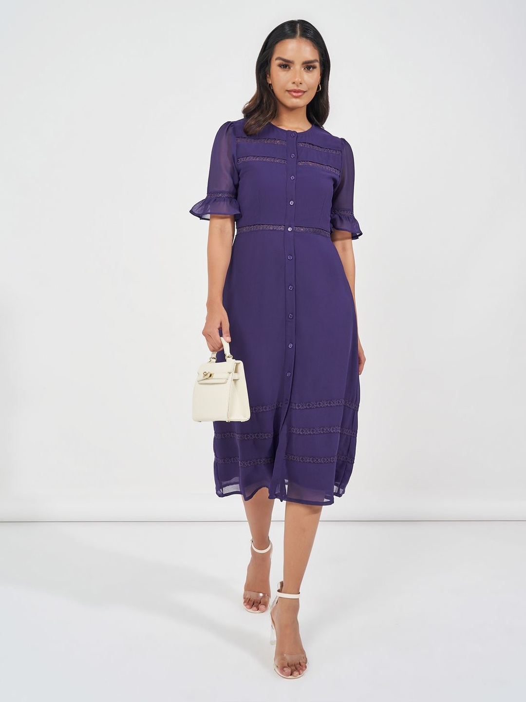 

Styli Women Puff Sleeve A-Line Midi Dress, Purple