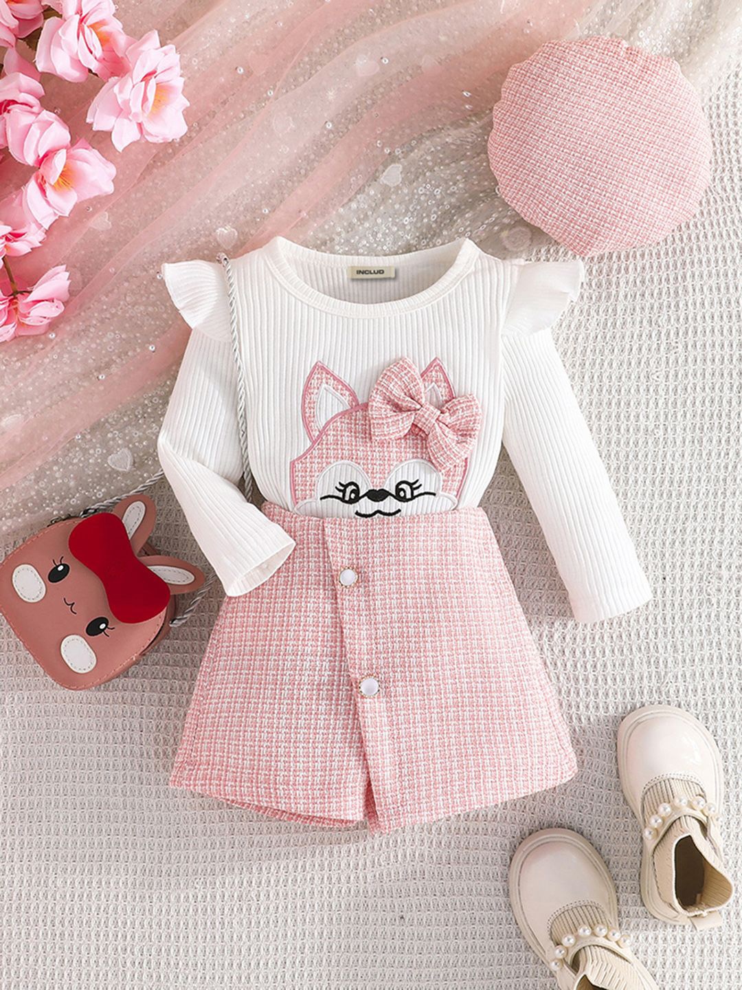 

INCLUD Girls Self Design Top With Skirt, Peach