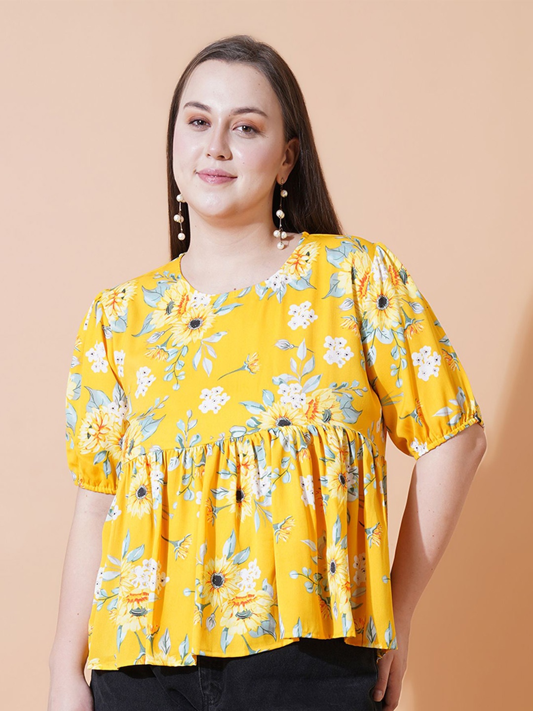 

U&F Beyond Women Floral Print Puff Sleeve Crepe Top, Yellow