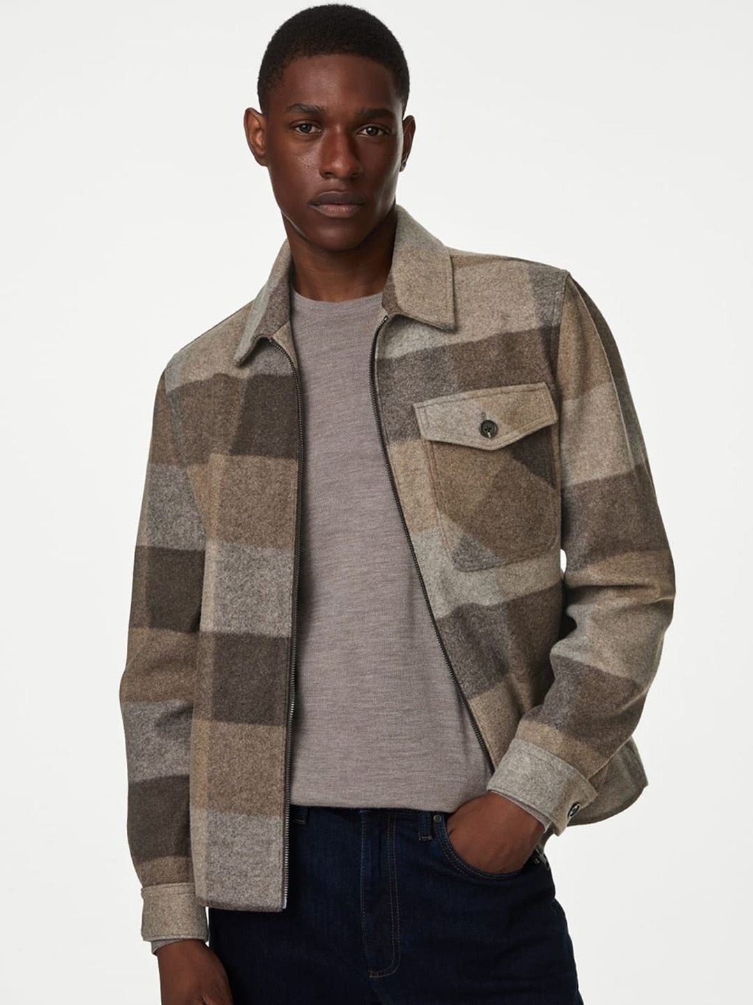

Marks & Spencer Men Spread Collar Checked Casual Tailored Jacket, Beige