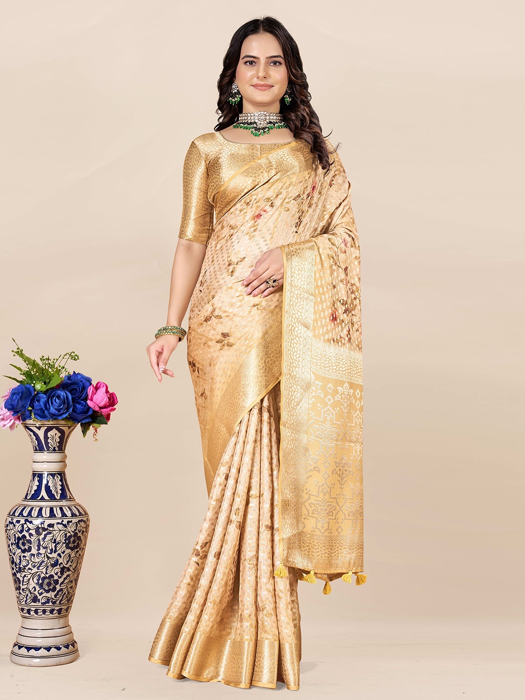 

ETHNIC TODAY Floral Printed Woven Design Zari Saree, Gold