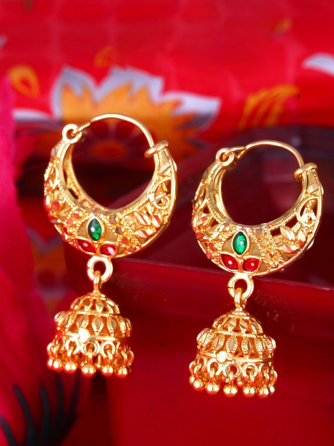 

Vighnaharta Gold-Plated Stone Studded Dome Shaped Jhumkas