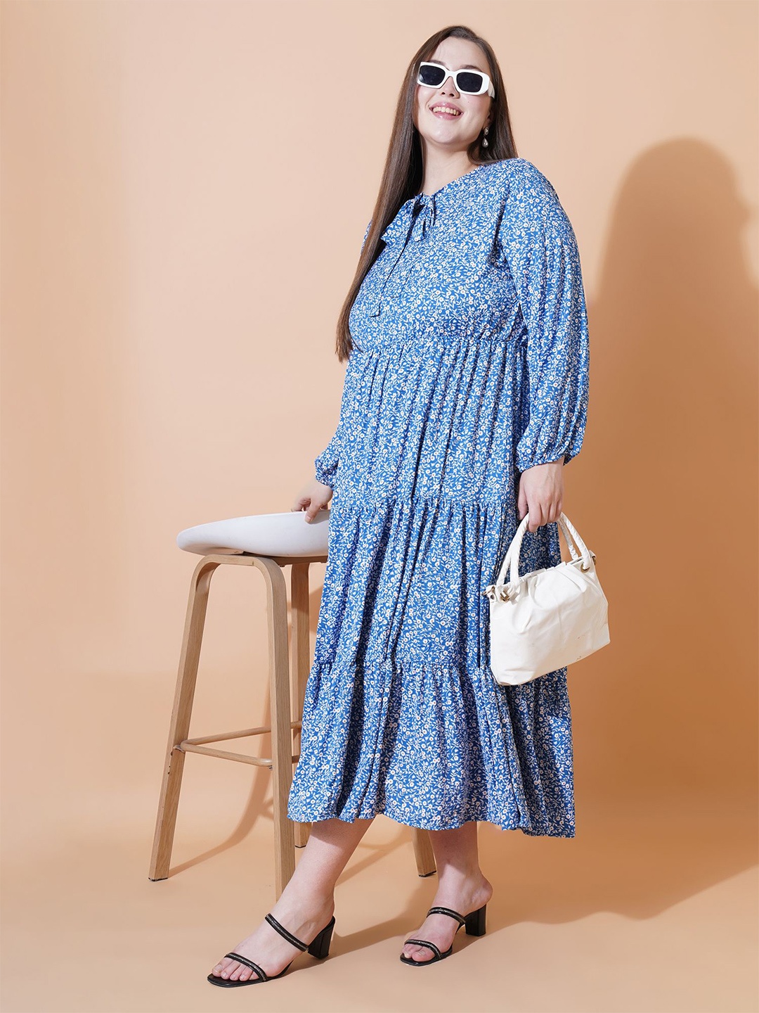 

U&F Beyond Women Plus size Floral Print Tie-Up Neck Puff Sleeve Fit & Flare Midi Dress, Blue