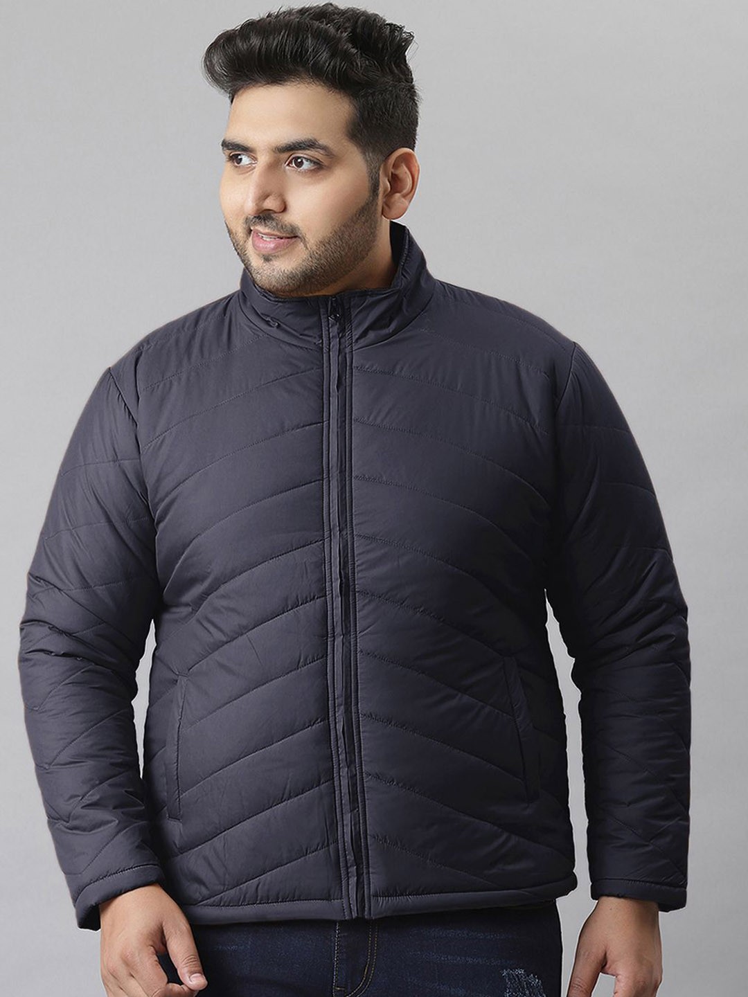

Instafab Plus Men Mock Collar Plus Size Solid Casual Windcheater Jacket, Navy blue