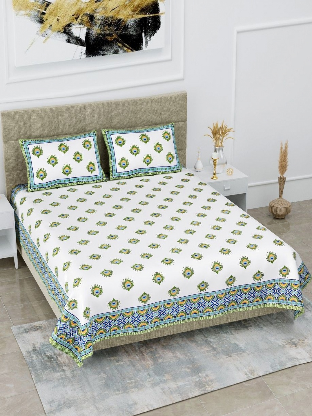 

HOMELINE Green & White Ethnic Motifs Pure Cotton 180 TC King Bedsheet Set 2.54 x 2.74Mts