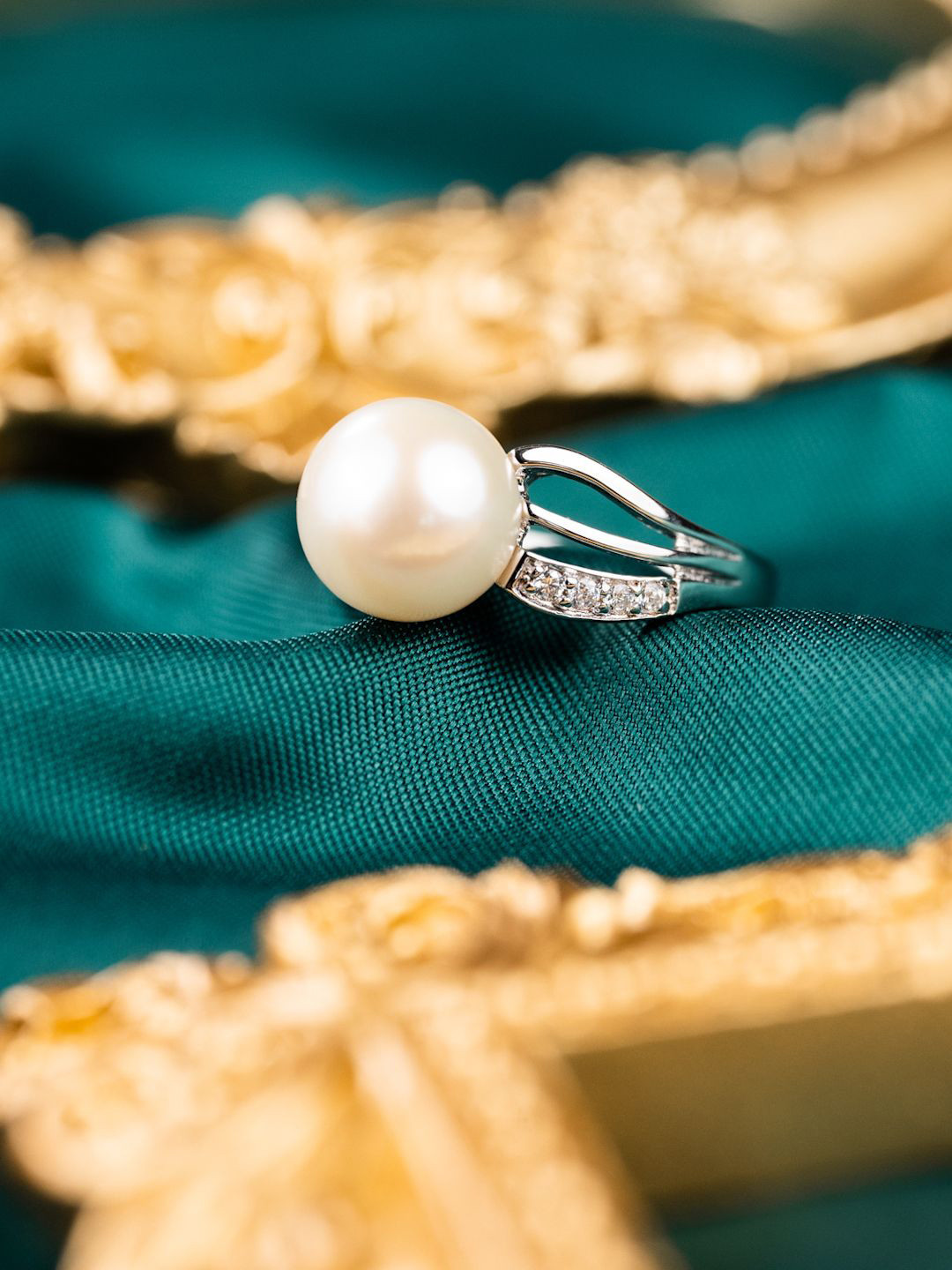 

MISS JO Rhodium-Plated Stones-Studded & Peral-Beaded Finger Ring, Silver