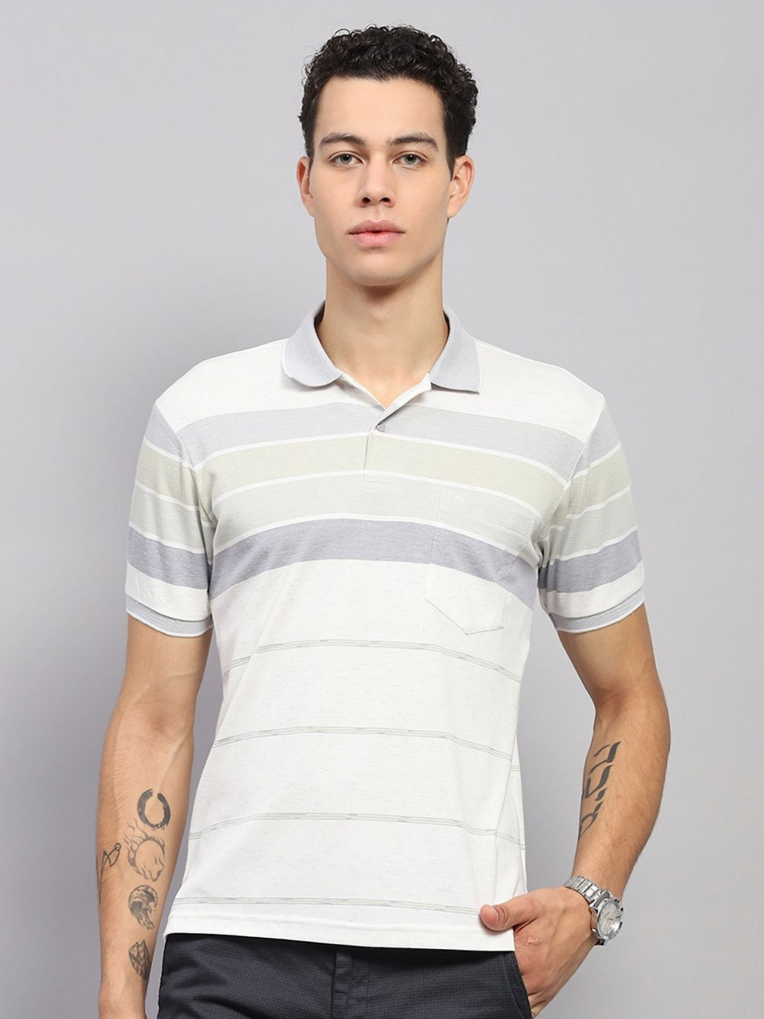 

Monte Carlo Men Striped Polo Collar Cotton T-shirt, Grey