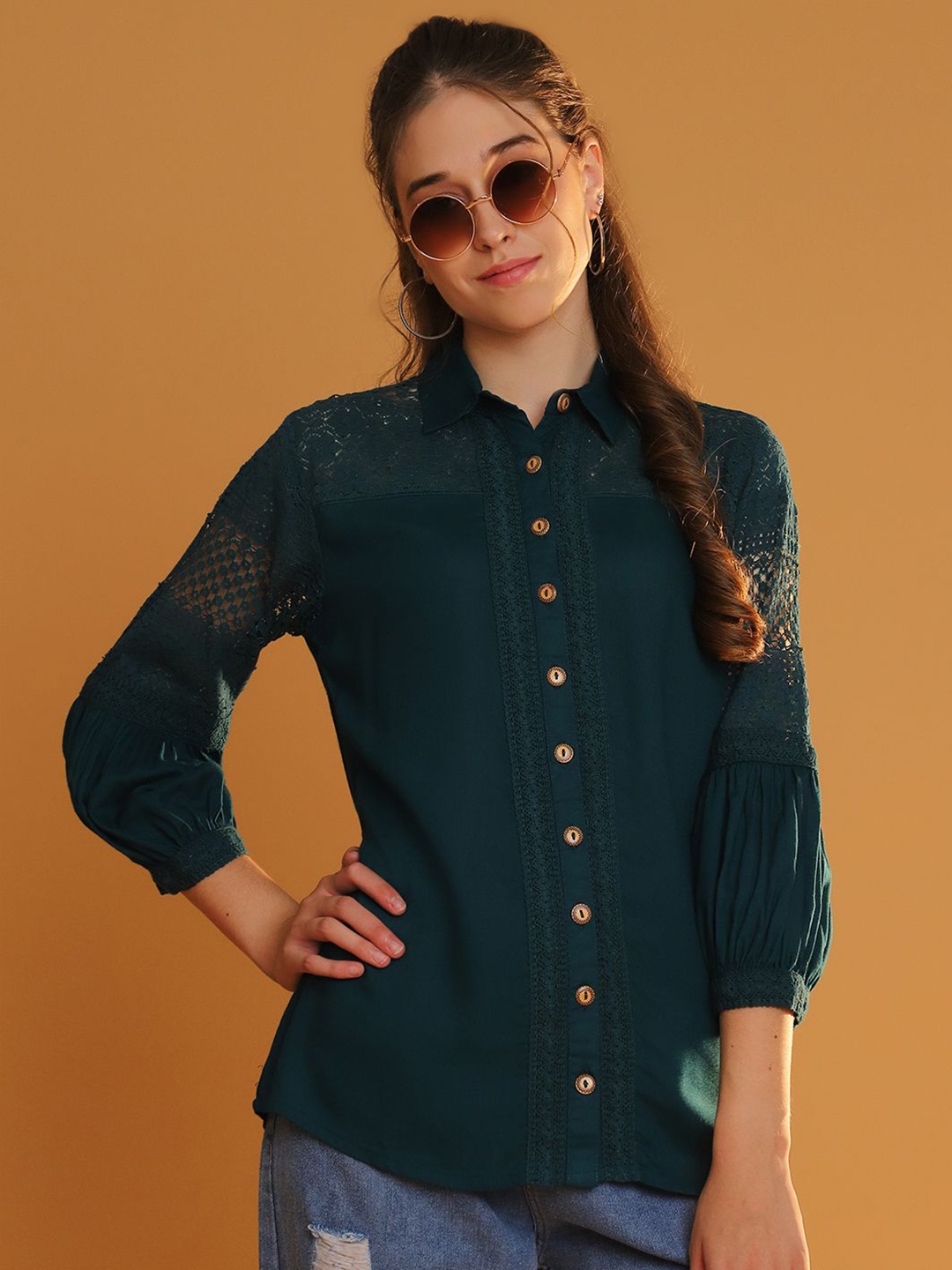 

Tulsattva Women Classic Cutaway Collar Solid Casual Shirt, Green