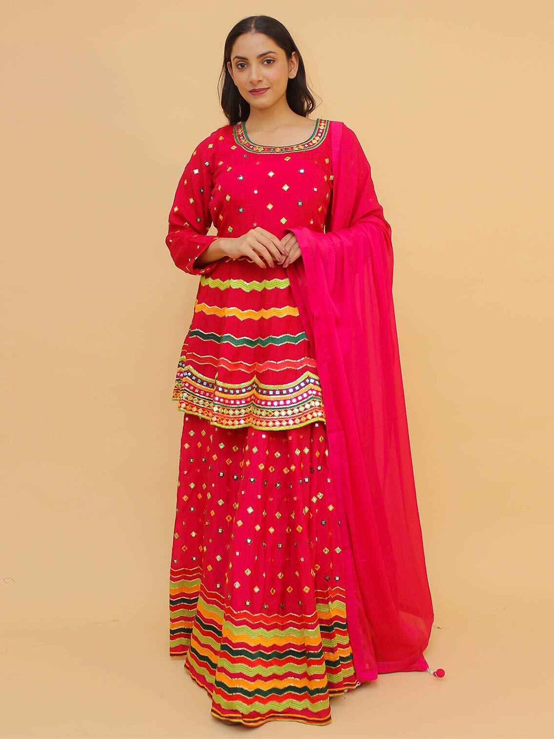 

ODETTE Embroidered Mirror Work Ready to Wear Lehenga & Blouse With Dupatta, Pink
