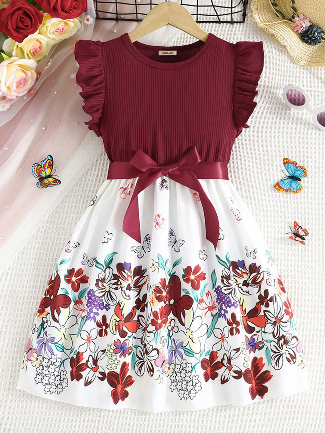 

INCLUD Kids - Girls Floral Print Flutter Sleeve Fit & Flare Dress, Maroon