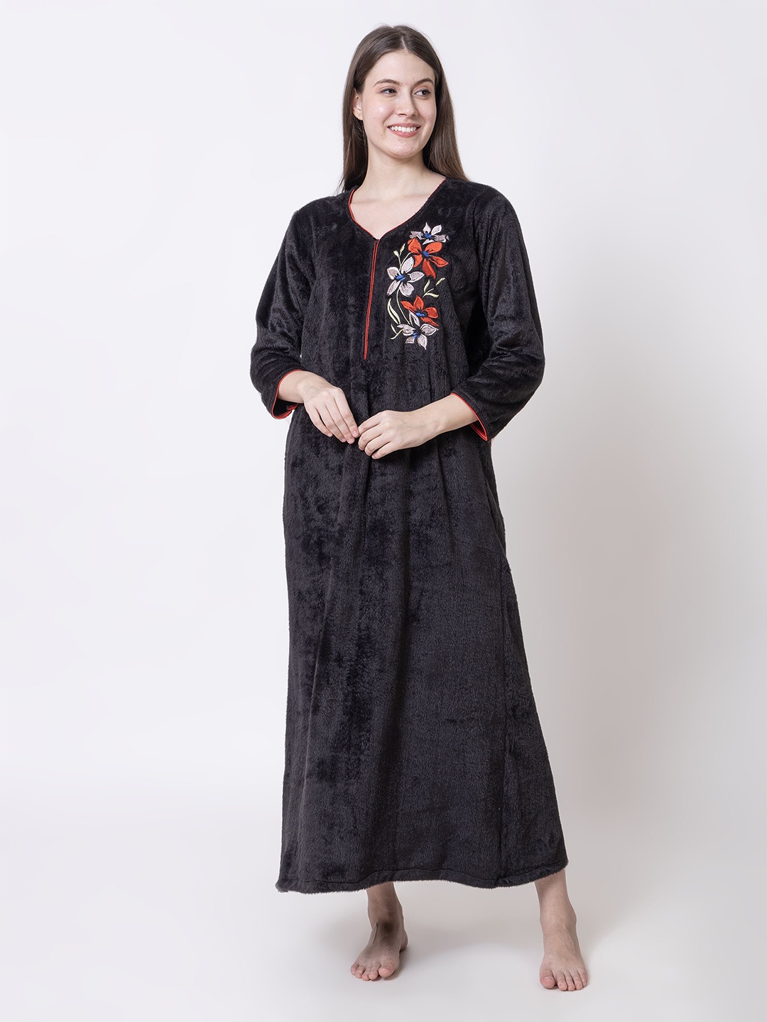 

AVYAY Women Embroidered Woolen Maxi Nightdress, Black