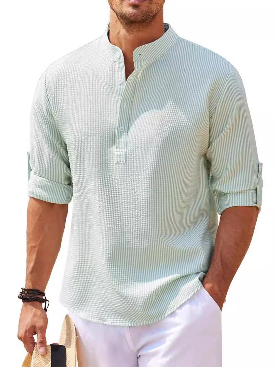 

StyleCast Men Band Collar Vertical Striped Cotton Casual Shirt, Off white