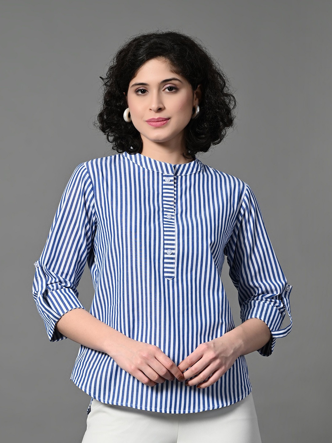 

HERE&NOW Striped Mandarin Collar Roll-Up Sleeves Cotton Shirt Style Top, Navy blue