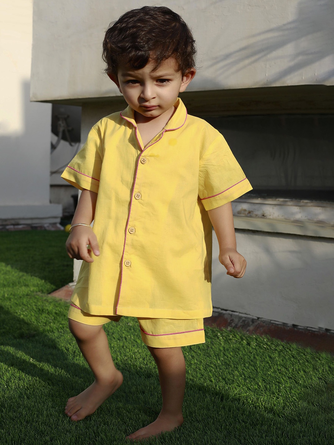 

TJORI Boys Pure Cotton Casual Shirt With Shorts, Yellow