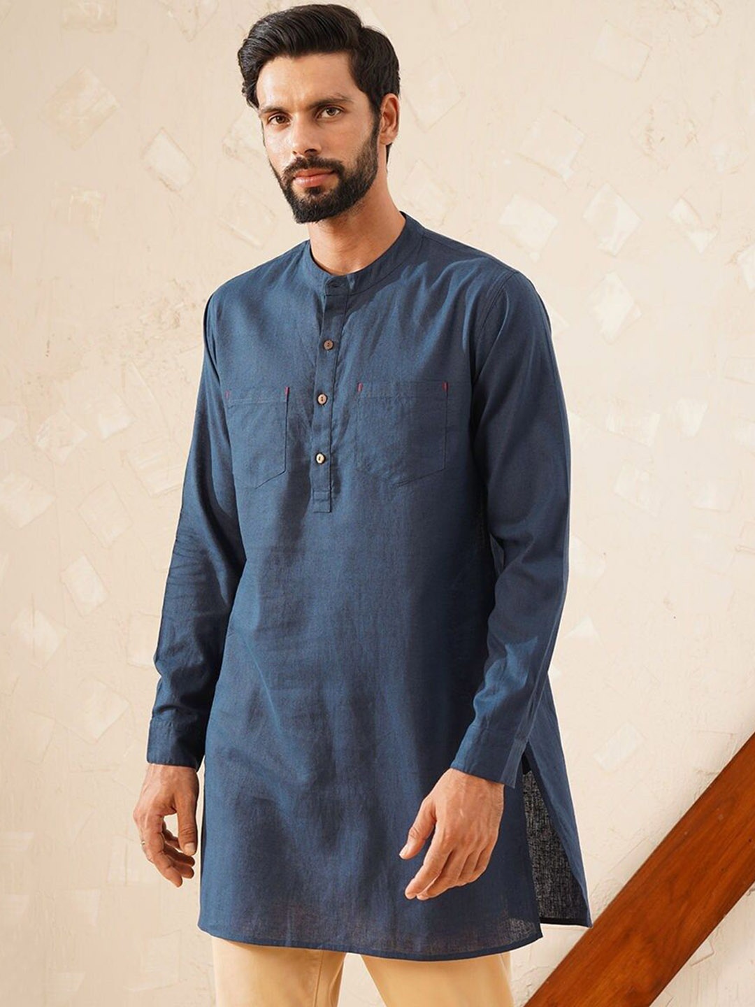 

JAYPORE Mandarin Collar Cotton Straight Kurta, Navy blue