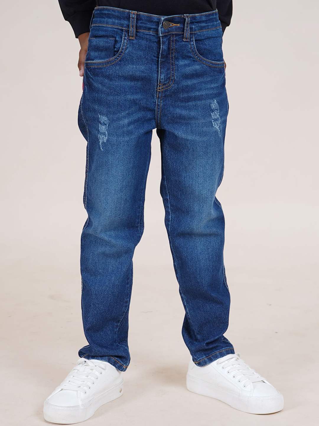 

KiddoPanti Boys Jean Straight Fit Mildly Distressed Light Fade Stretchable Jeans, Blue