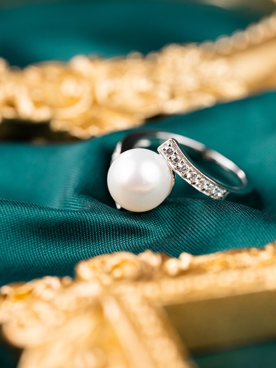 

MISS JO Rhodium-Plated CZ-Studded & Peral-Beaded Finger Ring, Silver
